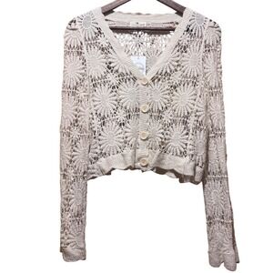 NWT Cream Floral Crochet Cropped Cardigan Sweater Cotton S/M Boho Hippie